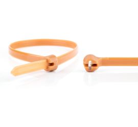 Een bruine Ty-Rap® kunststof kabelbinder, naast een uitvergrote sluiting van een andere Ty-Rap® kabelbinder.