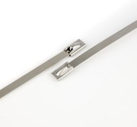 Twee roestvast stalen kabelbinders van AISI 316L staal, ongecoat, op een witte achtergrond.