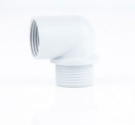 Eine hellgraue Jacob Kunststoff Winkel-Kabelverschraubung 90°, mit PG Gewinde, auf einem weißen Hintergrund.