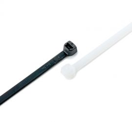 Ein naturfarbener und schwarzer Ty-Fast® Kabelbinder auf weißem Hintergrund.